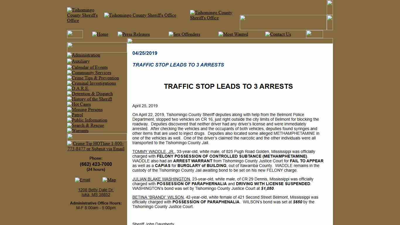 TRAFFIC STOP LEADS TO 3 ARRESTS - Press Releases - Tishomingo County Sheriff MS